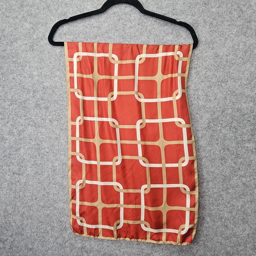 Echo Silk Scarf Women Red Tan Chain Link Designer Long Wrap Mod 70s Preppy 14x44 - Picture 8 of 11